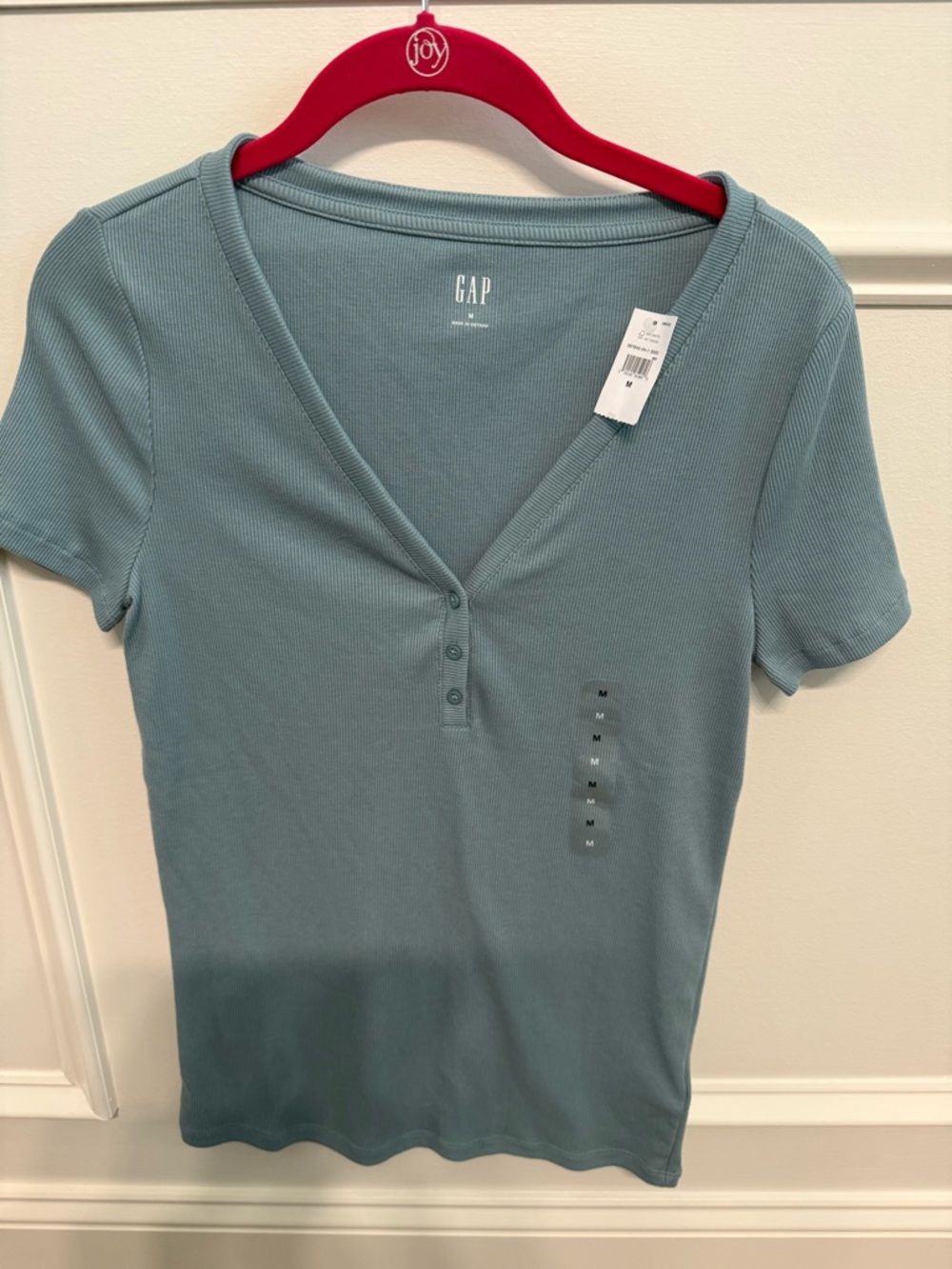 GAP Short Sleeve Ribbed Henley Top in Dusty Teal Blue